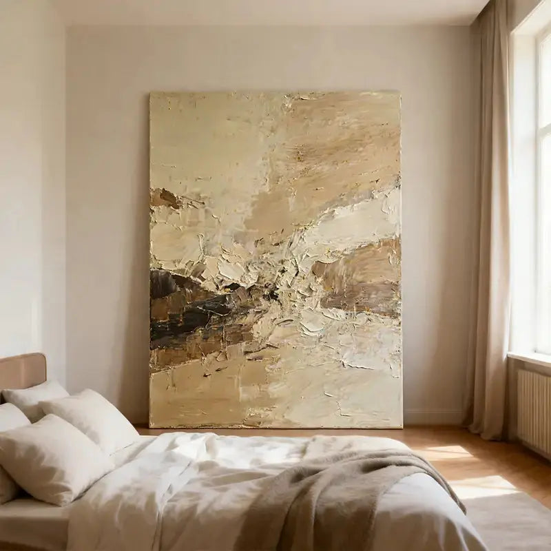 Warm Beige & Taupe Impasto Textured Wall Art-Abstract Canvas Decor Artmeto Wood wall art