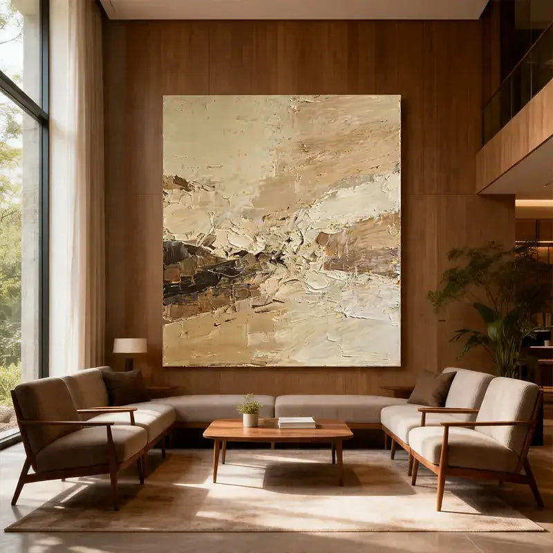Warm Beige & Taupe Impasto Textured Wall Art-Abstract Canvas Decor Artmeto Wood wall art