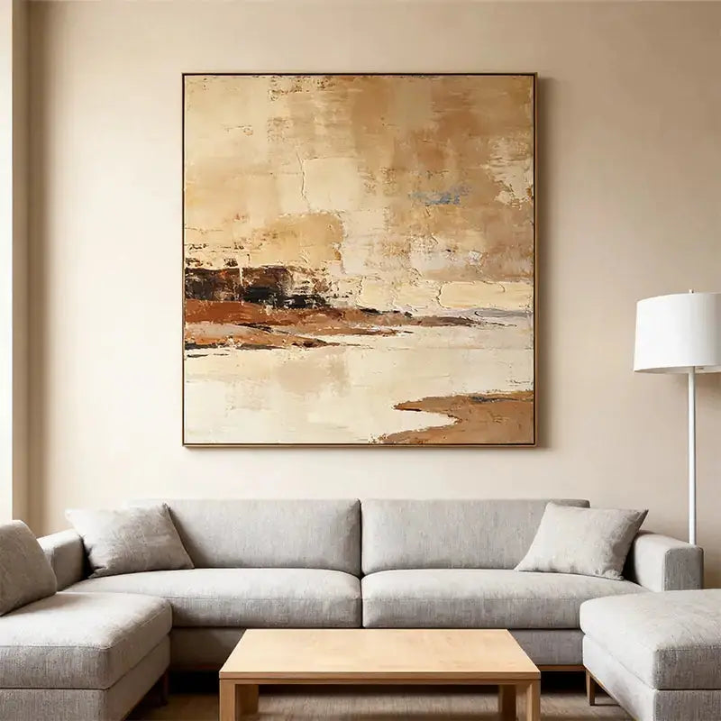 Warm Beige & Terracotta Waterscape Textured Abstract Canvas Art Artmeto Wood wall art