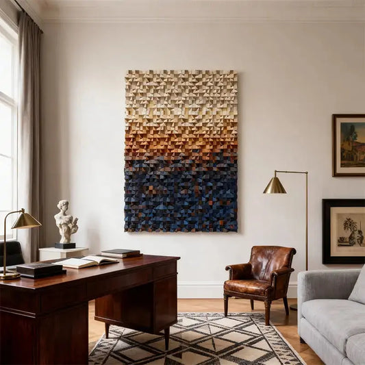 Warm Earth to Deep Blue Vertical 3D Wood Mosaic Sculpture Artmeto Wood wall art