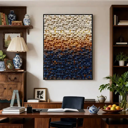 Warm Earth to Deep Blue Vertical 3D Wood Mosaic Sculpture Artmeto Wood wall art