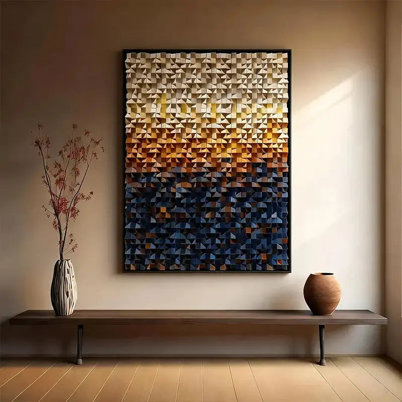 Warm Earth to Deep Blue Vertical 3D Wood Mosaic Sculpture Artmeto Wood wall art