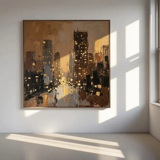 Warm Gold Cityscape Canvas-Textured Urban Skyline Wall Art-Artmeto Artmeto Wood wall art