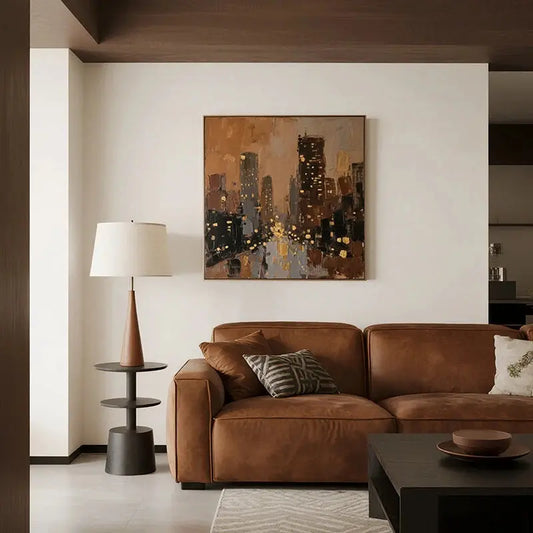 Warm Gold Cityscape Canvas-Textured Urban Skyline Wall Art-Artmeto Artmeto Wood wall art