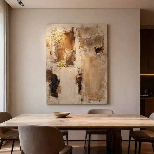 Warm Taupe & Gold Leaf Textured Minimalist Wall Decor with Black Accents Artmeto Wood wall art