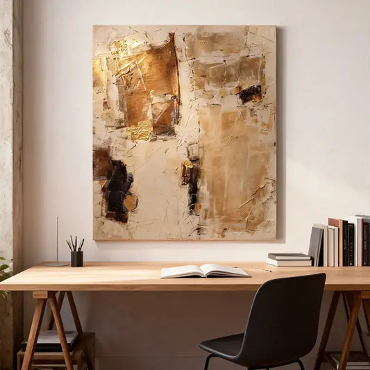 Warm Taupe & Gold Leaf Textured Minimalist Wall Decor with Black Accents Artmeto Wood wall art