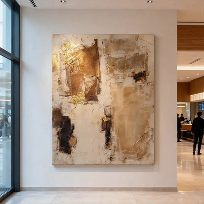 Warm Taupe & Gold Leaf Textured Minimalist Wall Decor with Black Accents Artmeto Wood wall art