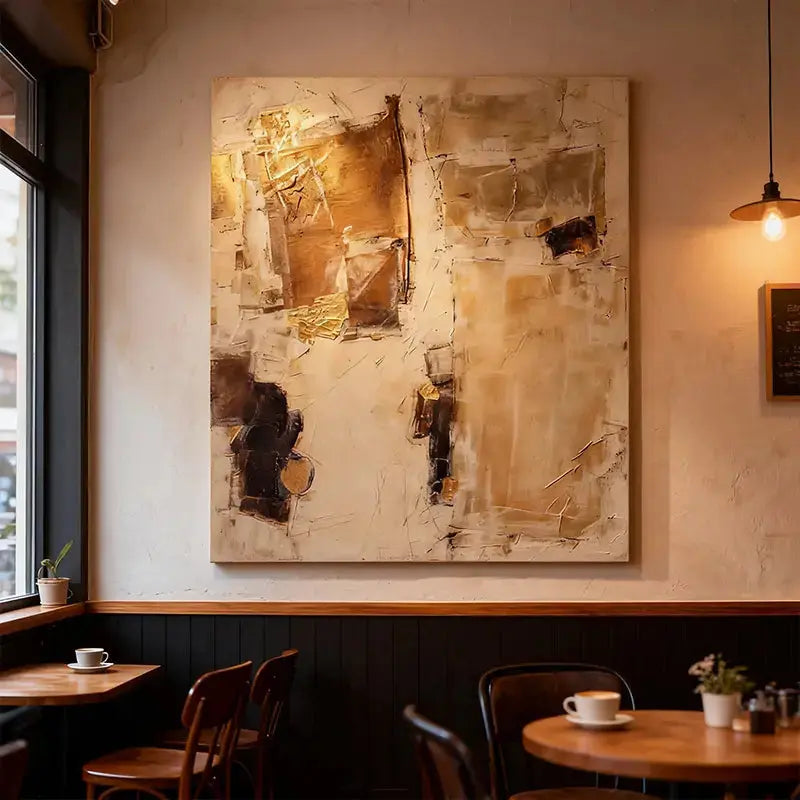 Warm Taupe & Gold Leaf Textured Minimalist Wall Decor with Black Accents Artmeto Wood wall art