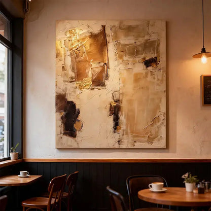 Warm Taupe & Gold Leaf Textured Minimalist Wall Decor with Black Accents Artmeto Wood wall art