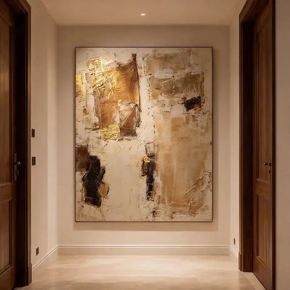 Warm Taupe & Gold Leaf Textured Minimalist Wall Decor with Black Accents Artmeto Wood wall art