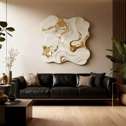 White & Gold Fluid 3D Relief Modern Luxurious Textured Wall Sculpture Artmeto Wood wall art