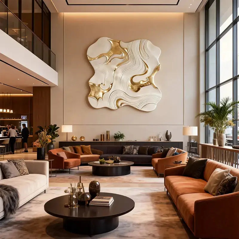 White & Gold Fluid 3D Relief Modern Luxurious Textured Wall Sculpture Artmeto Wood wall art