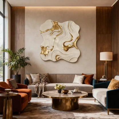 White & Gold Fluid 3D Relief Modern Luxurious Textured Wall Sculpture Artmeto Wood wall art