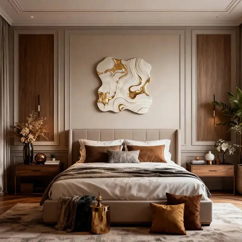 White & Gold Fluid 3D Relief Modern Luxurious Textured Wall Sculpture Artmeto Wood wall art