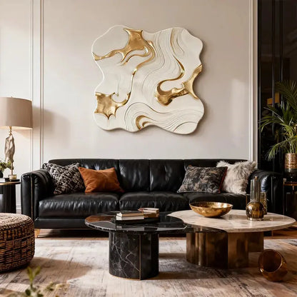 White & Gold Fluid 3D Relief Modern Luxurious Textured Wall Sculpture Artmeto Wood wall art