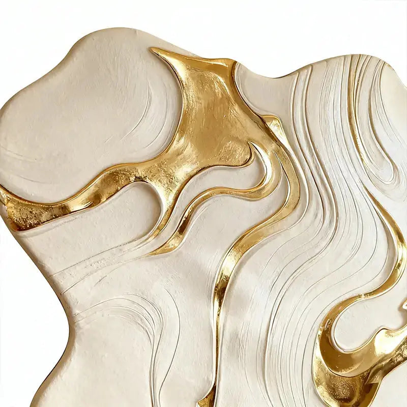 White & Gold Fluid 3D Relief Modern Luxurious Textured Wall Sculpture Artmeto Wood wall art