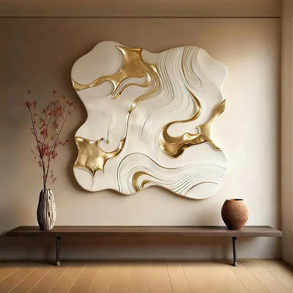 White & Gold Fluid 3D Relief Modern Luxurious Textured Wall Sculpture Artmeto Wood wall art