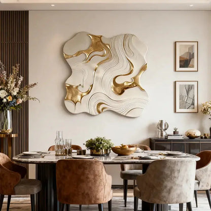 White & Gold Fluid 3D Relief Modern Luxurious Textured Wall Sculpture Artmeto Wood wall art