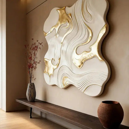 White & Gold Fluid 3D Relief Modern Luxurious Textured Wall Sculpture Artmeto Wood wall art