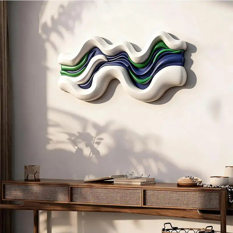 White, Blue & Green Layered Fluid Form - Modern Ocean-Inspired Textured Wall Art Artmeto Wood wall art