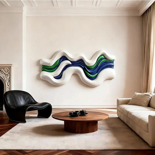 White, Blue & Green Layered Fluid Form - Modern Ocean-Inspired Textured Wall Art Artmeto Wood wall art