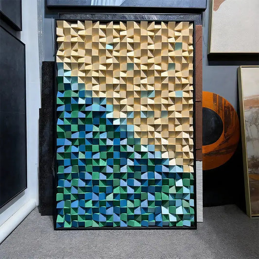 Wood Tone to Teal Gradient 3D Mosaic Wall Sculpture - Abstract Geometric Decor Artmeto Wood wall art