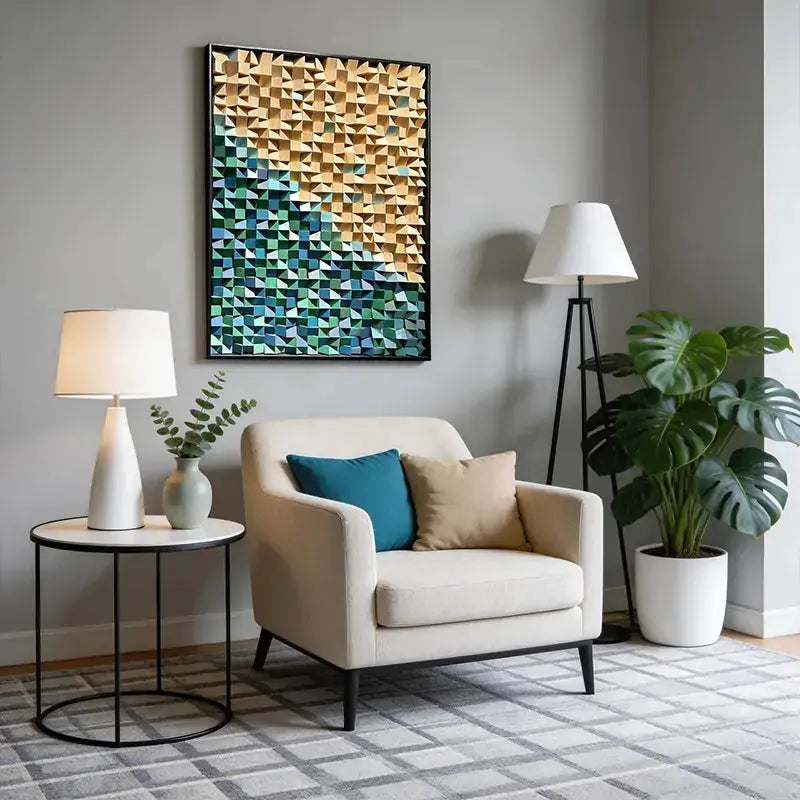 Wood Tone to Teal Gradient 3D Mosaic Wall Sculpture - Abstract Geometric Decor Artmeto Wood wall art