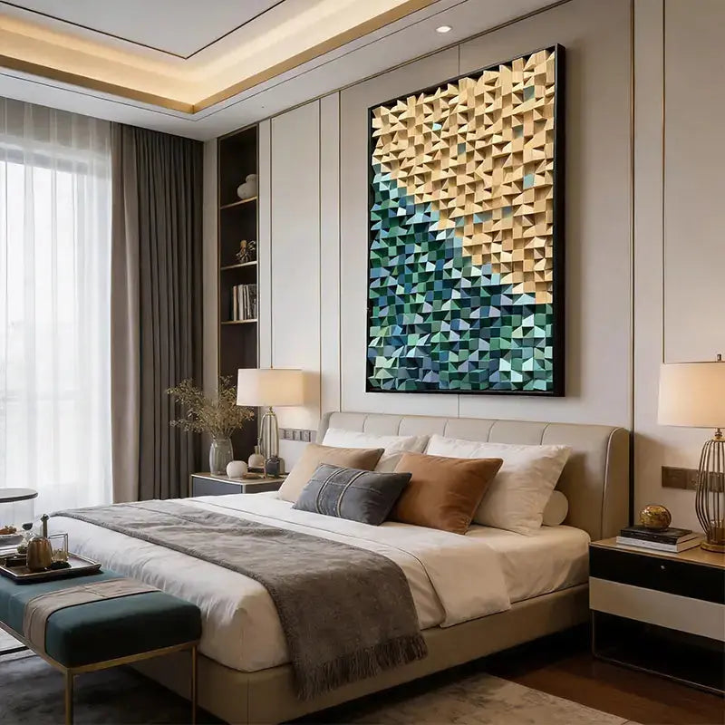Wood Tone to Teal Gradient 3D Mosaic Wall Sculpture - Abstract Geometric Decor Artmeto Wood wall art