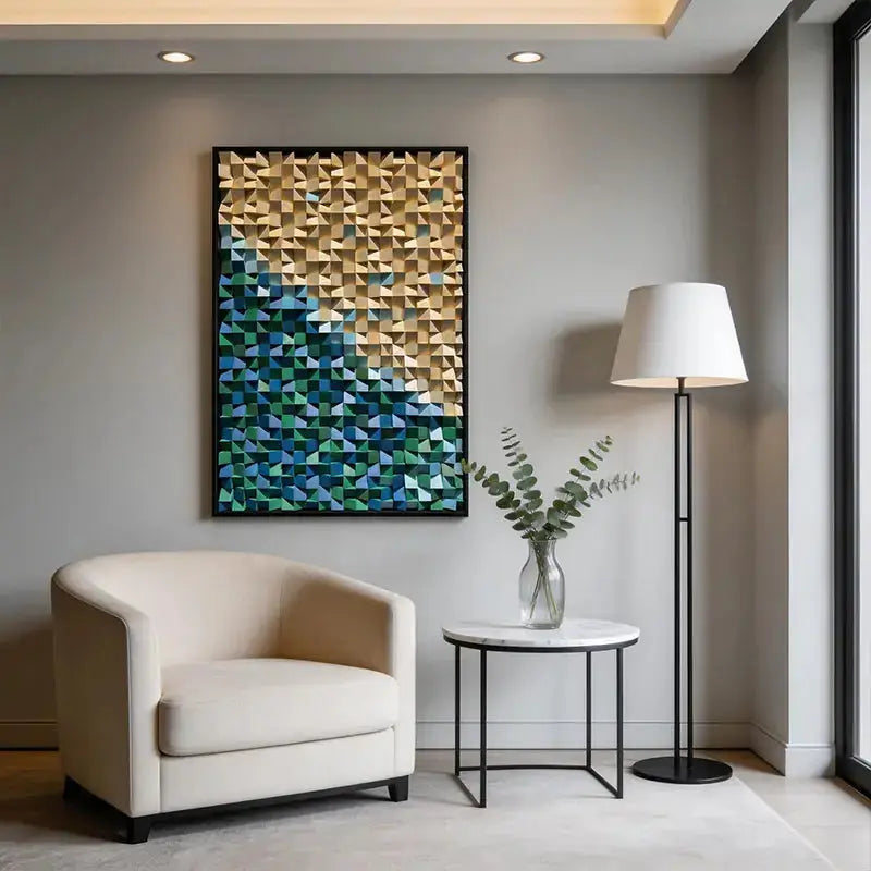 Wood Tone to Teal Gradient 3D Mosaic Wall Sculpture - Abstract Geometric Decor Artmeto Wood wall art
