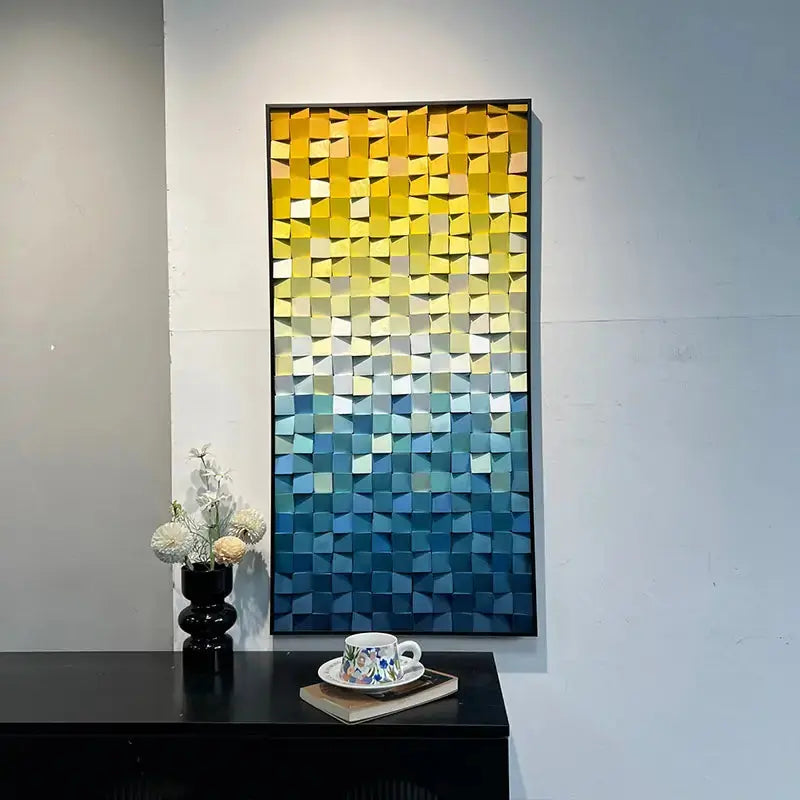 Yellow Blue Gradient Geometric Wood Mosaic Relief Wall Art Modern Decor Artmeto Wood wall art