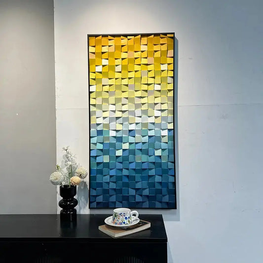 Yellow Blue Gradient Geometric Wood Mosaic Relief Wall Art Modern Decor Artmeto Wood wall art