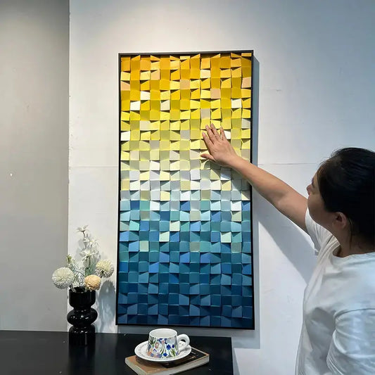 Yellow Blue Gradient Geometric Wood Mosaic Relief Wall Art Modern Decor Artmeto Wood wall art