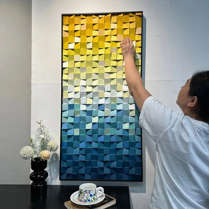 Yellow Blue Gradient Geometric Wood Mosaic Relief Wall Art Modern Decor Artmeto Wood wall art