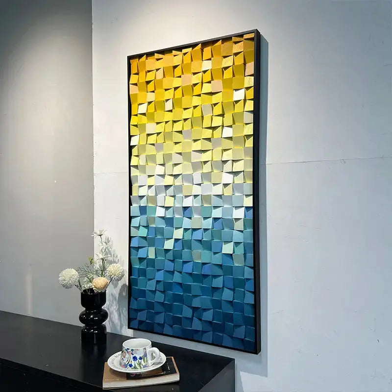 Yellow Blue Gradient Geometric Wood Mosaic Relief Wall Art Modern Decor Artmeto Wood wall art