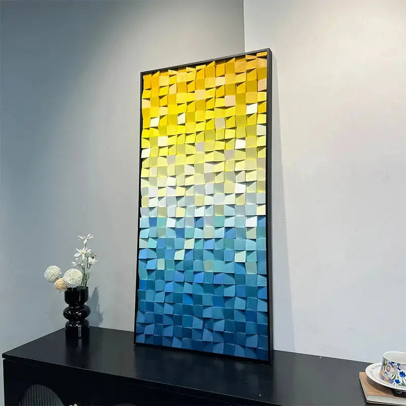 Yellow Blue Gradient Geometric Wood Mosaic Relief Wall Art Modern Decor Artmeto Wood wall art