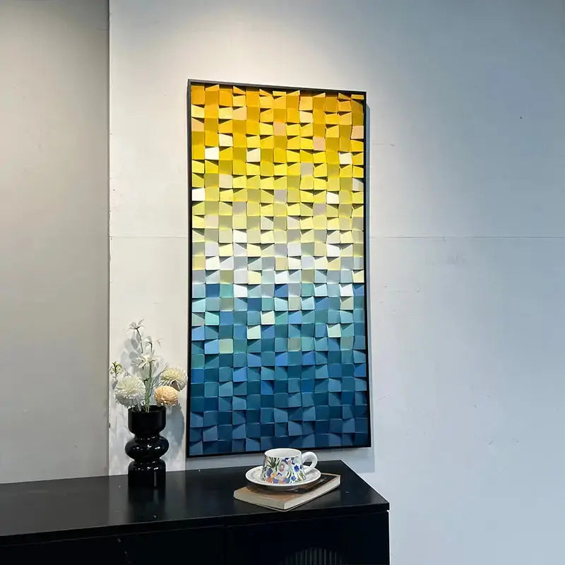 Yellow Blue Gradient Geometric Wood Mosaic Relief Wall Art Modern Decor Artmeto Wood wall art